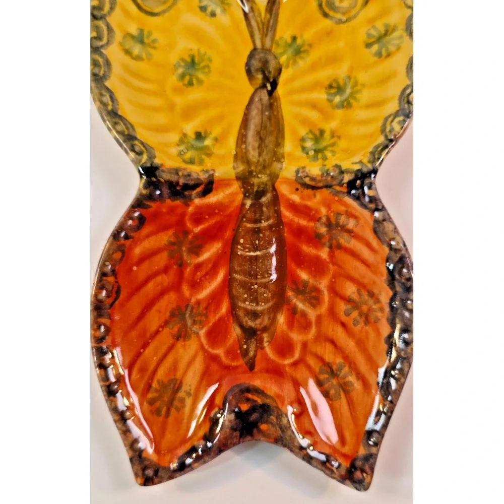 Italian Ceramic Butterfly Wall‎ Plaque Hand Painted Orange Yellow 9.25